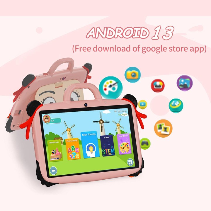 BDF 7 inch WiFi Kids Tablet PC with Nezha Silicone Case, 4GB+64GB, Android 13.0 MTK6735 Quad Core CPU, US Plug (Pink)