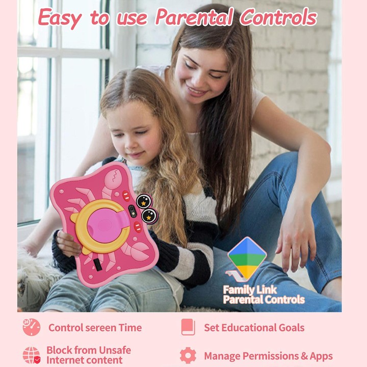 BDF 7 inch WiFi Kids Tablet PC with Crab Silicone Case, 3GB+32GB, Android 13.0 MTK6735 Quad Core CPU, US Plug (Pink)