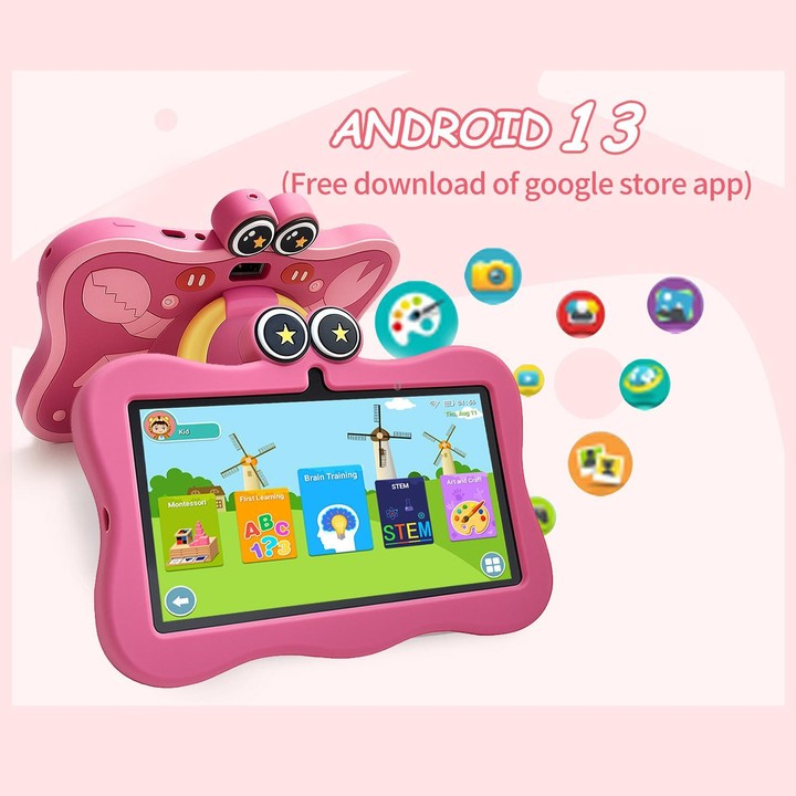 BDF 7 inch WiFi Kids Tablet PC with Crab Silicone Case, 3GB+32GB, Android 13.0 MTK6735 Quad Core CPU, US Plug (Pink)