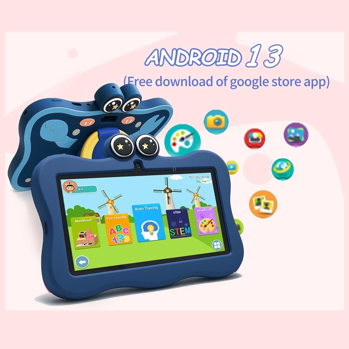 BDF 7 inch WiFi Kids Tablet PC with Crab Silicone Case, 3GB+32GB, Android 13.0 MTK6735 Quad Core CPU, US Plug (Blue)