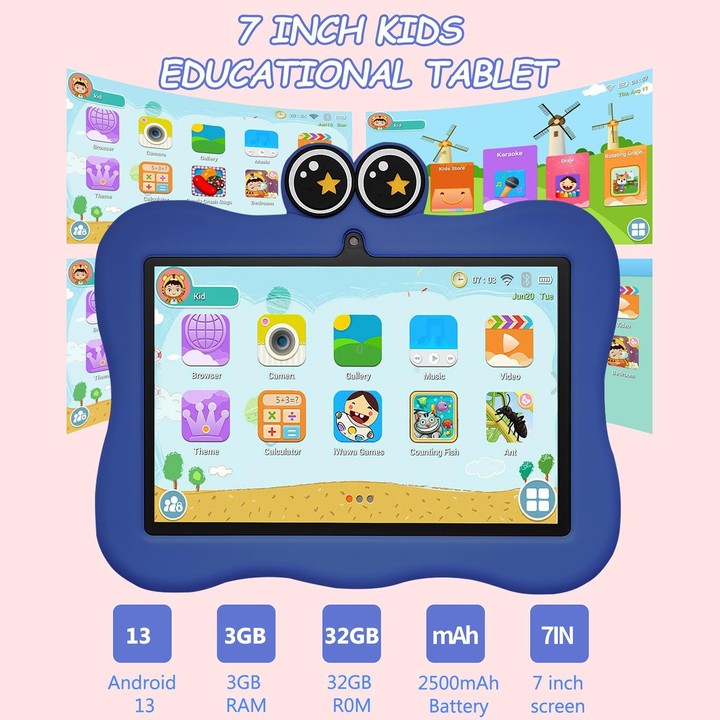 BDF 7 inch WiFi Kids Tablet PC with Crab Silicone Case, 3GB+32GB, Android 13.0 MTK6735 Quad Core CPU, US Plug (Blue)