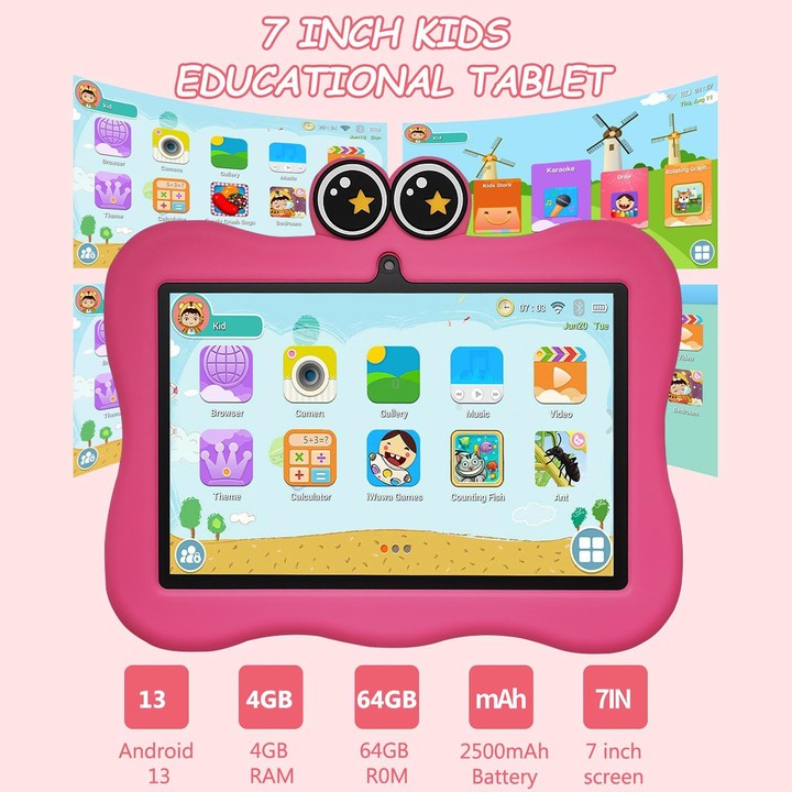 BDF 7 inch WiFi Kids Tablet PC with Crab Silicone Case, 4GB+64GB, Android 13.0 MTK6735 Quad Core CPU, US Plug (Pink)