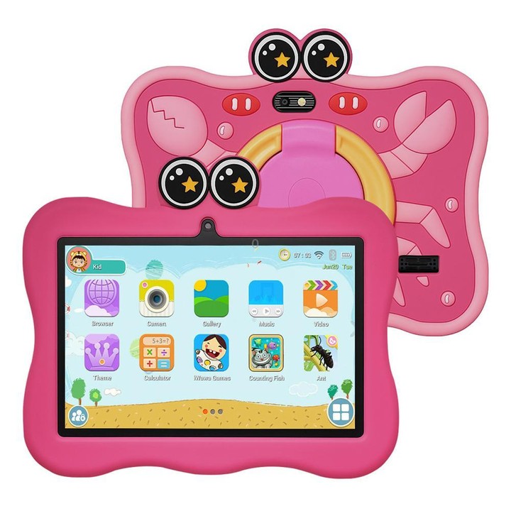 BDF 7 inch WiFi Kids Tablet PC with Crab Silicone Case, 4GB+64GB, Android 13.0 MTK6735 Quad Core CPU, US Plug (Pink)