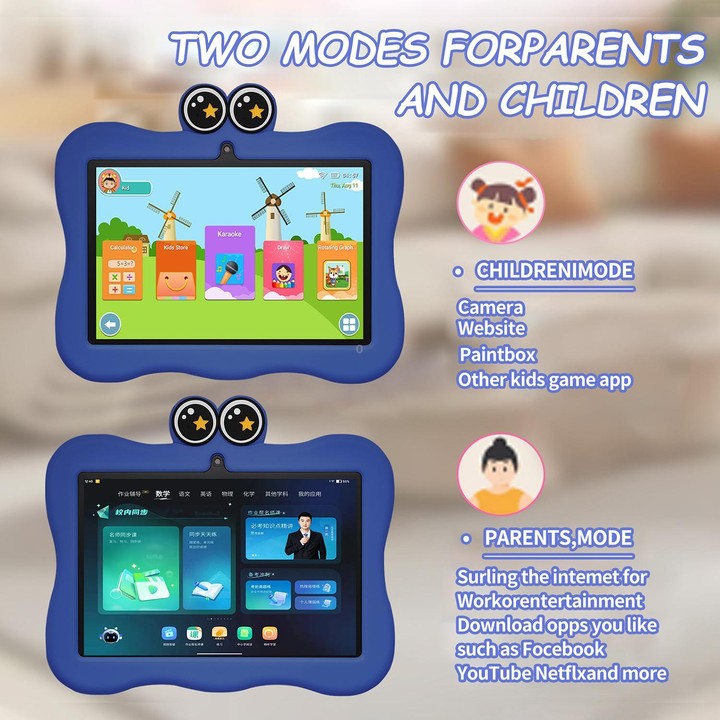 BDF 7 inch WiFi Kids Tablet PC with Crab Silicone Case, 4GB+64GB, Android 13.0 MTK6735 Quad Core CPU, US Plug (Blue)