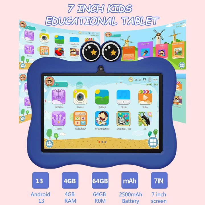 BDF 7 inch WiFi Kids Tablet PC with Crab Silicone Case, 4GB+64GB, Android 13.0 MTK6735 Quad Core CPU, US Plug (Blue)