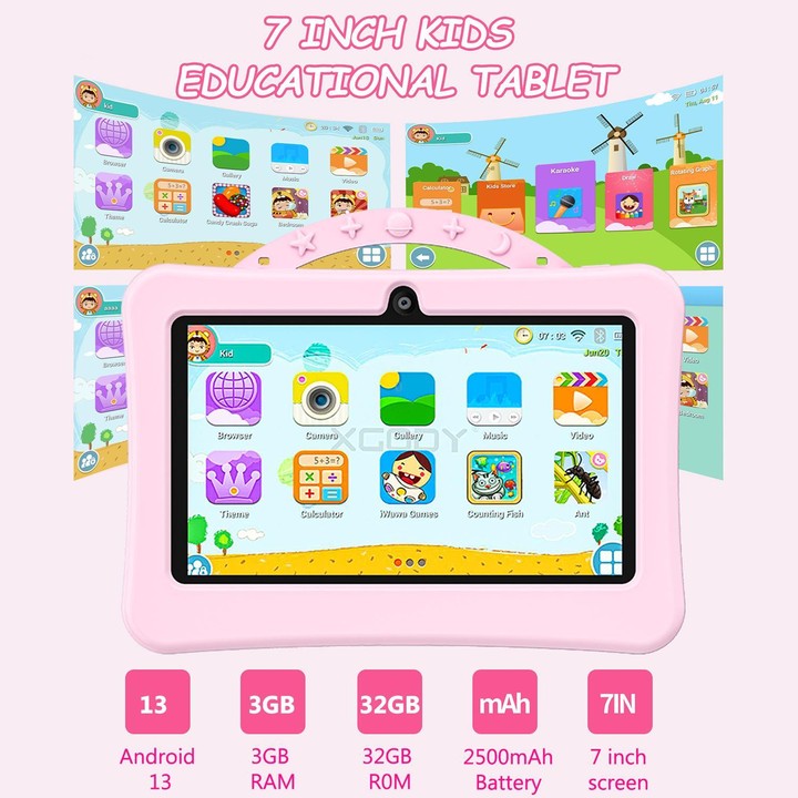 BDF 7 inch WiFi Kids Tablet PC with Portable Astronaut Silicone Case, 3GB+32GB, Android 13.0 MTK6735 Quad Core CPU, US Plug (Pin