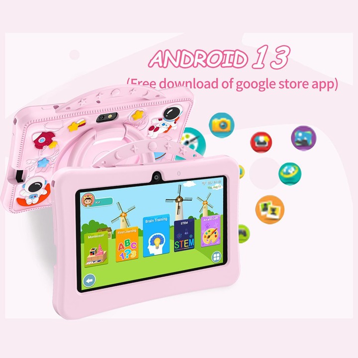 BDF 7 inch WiFi Kids Tablet PC with Portable Astronaut Silicone Case, 3GB+32GB, Android 13.0 MTK6735 Quad Core CPU, US Plug (Pin