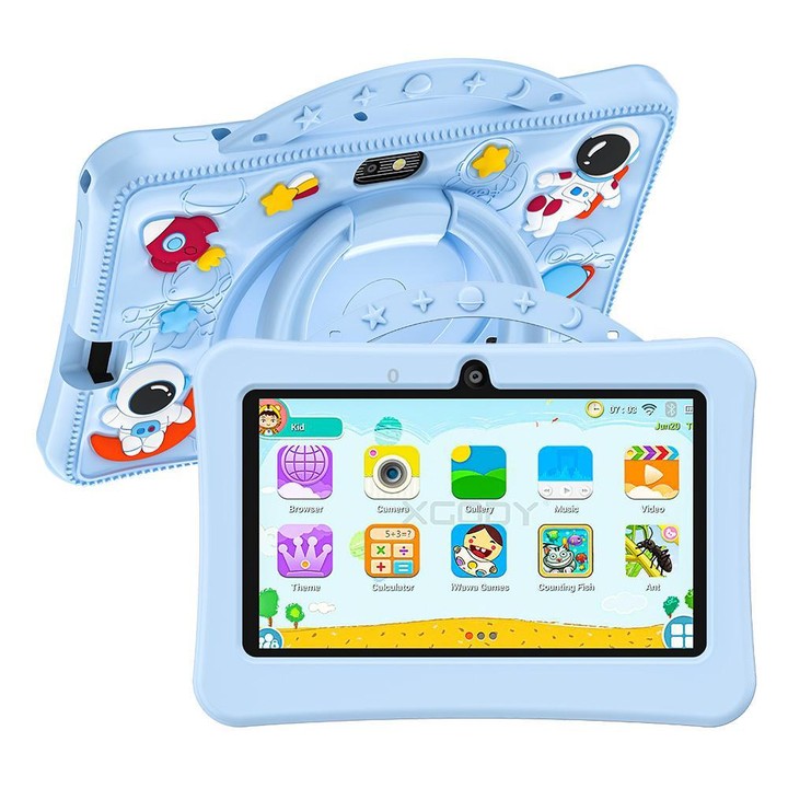 BDF 7 inch WiFi Kids Tablet PC with Portable Astronaut Silicone Case, 3GB+32GB, Android 13.0 MTK6735 Quad Core CPU, US Plug (Blu