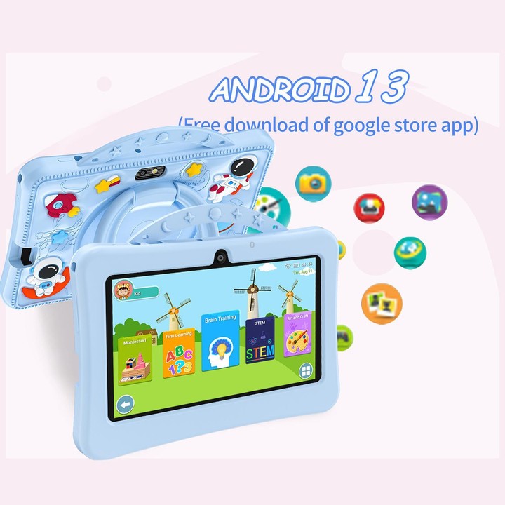 BDF 7 inch WiFi Kids Tablet PC with Portable Astronaut Silicone Case, 3GB+32GB, Android 13.0 MTK6735 Quad Core CPU, US Plug (Blu