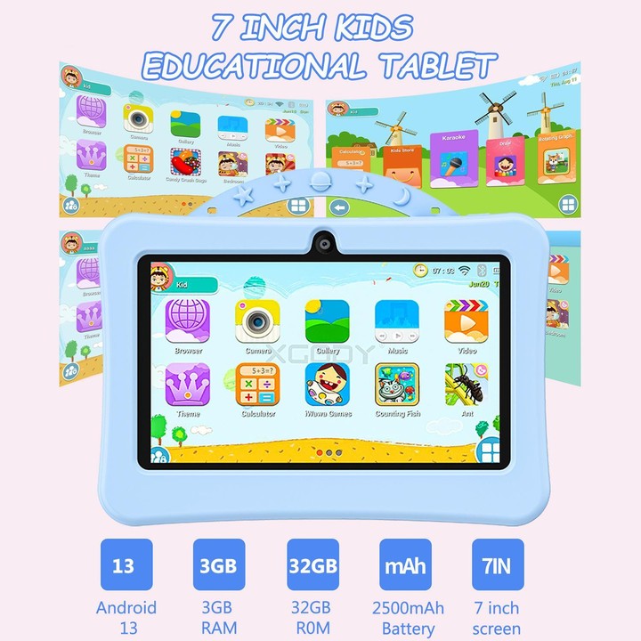 BDF 7 inch WiFi Kids Tablet PC with Portable Astronaut Silicone Case, 3GB+32GB, Android 13.0 MTK6735 Quad Core CPU, US Plug (Blu