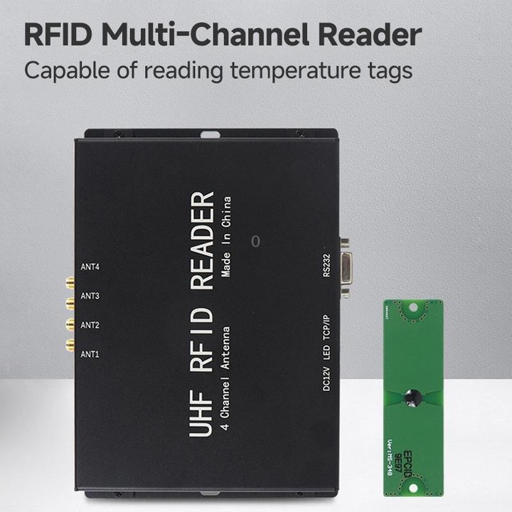4-Channel UHF RFID Reader Writer with Antenna, MODBUS Passive Temperature Sensor Reader for Electric Power Monitoring (Black)