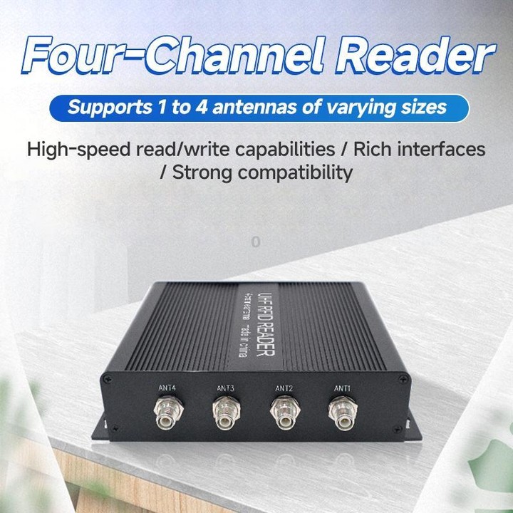 RFID 4-Channel UHF Long-Range Reader with Antenna, Industrial Access Control & Warehouse Management RFID Reader / Writer (EU Plu