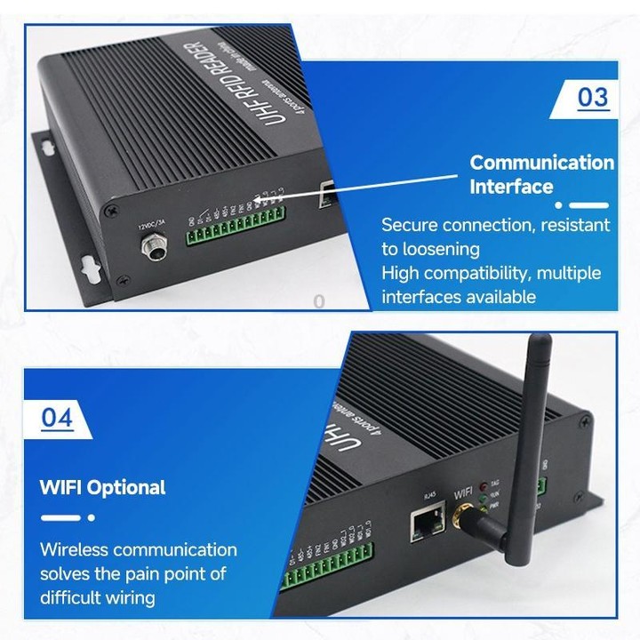 RFID 4-Channel UHF Long-Range Reader with Antenna, Industrial Access Control & Warehouse Management RFID Reader / Writer (UK Plu
