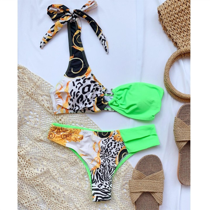 Ladies One-shoulder Printed Swimsuit Split Bikini (Color:Green Size:S)