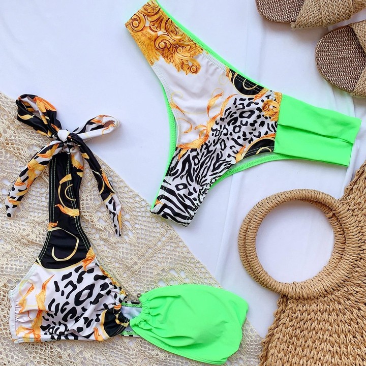 Ladies One-shoulder Printed Swimsuit Split Bikini (Color:Green Size:L)