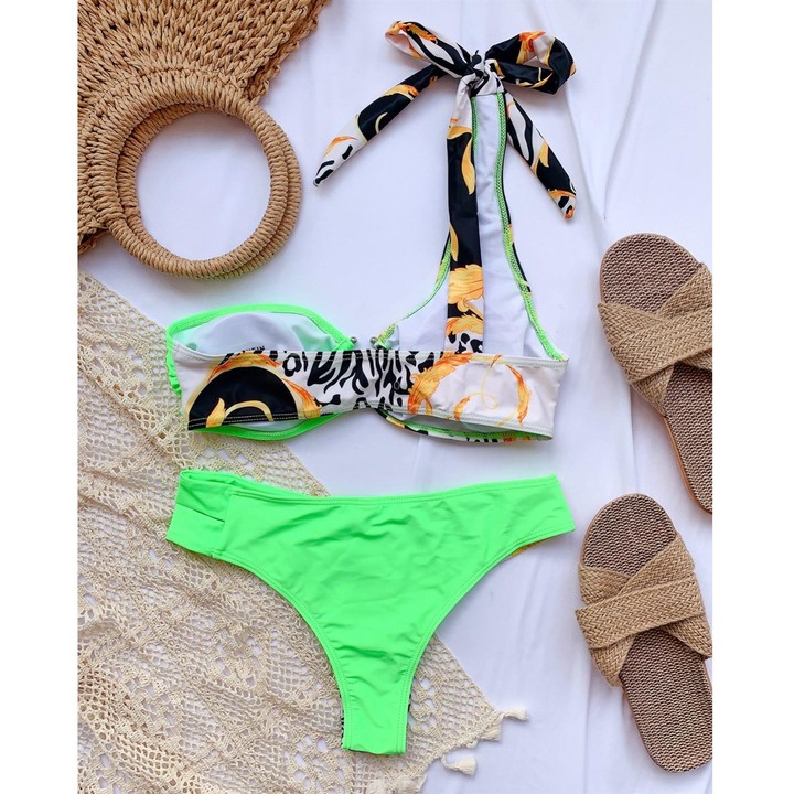 Ladies One-shoulder Printed Swimsuit Split Bikini (Color:Green Size:L)